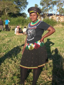 Zanele Mthembu in Traditional Zulu costume with modern T-Shirt
